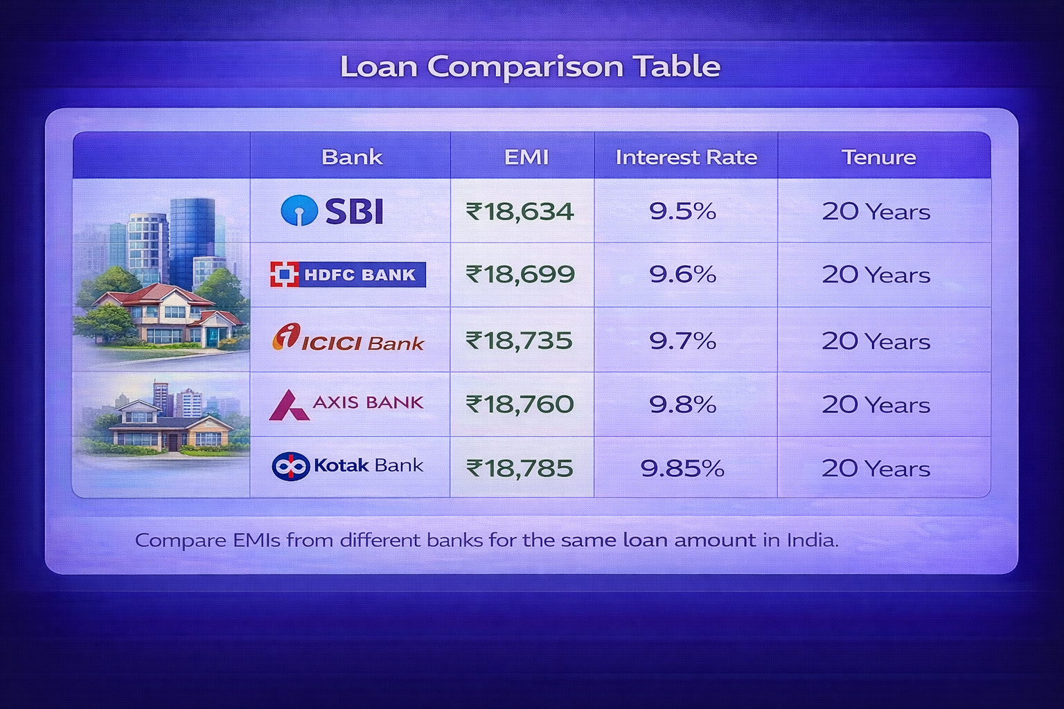 Loan comparison table from different banks showing EMI interest tenure variations for same loan amount in India